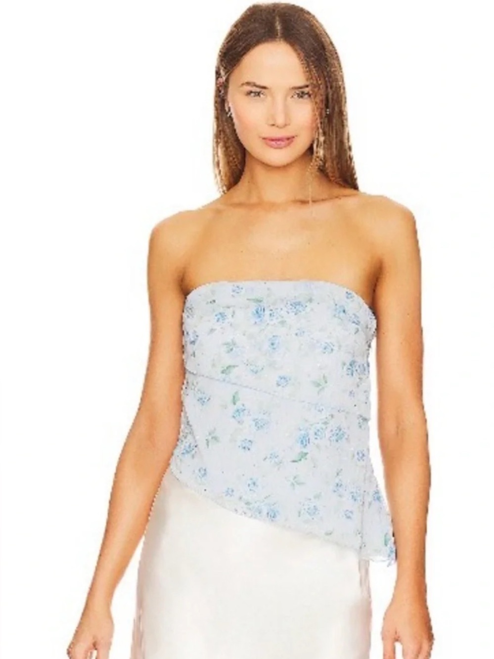 Revolve More to Come Light Blue Floral Strapless Top NWOT